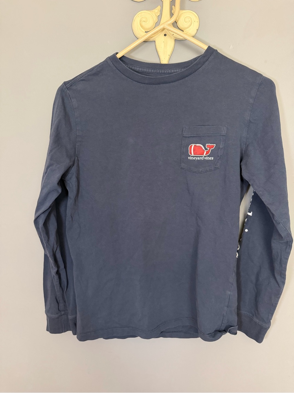 Vineyard Vines Navy Long-Sleeve Pocket Tee with Red Whale Logo